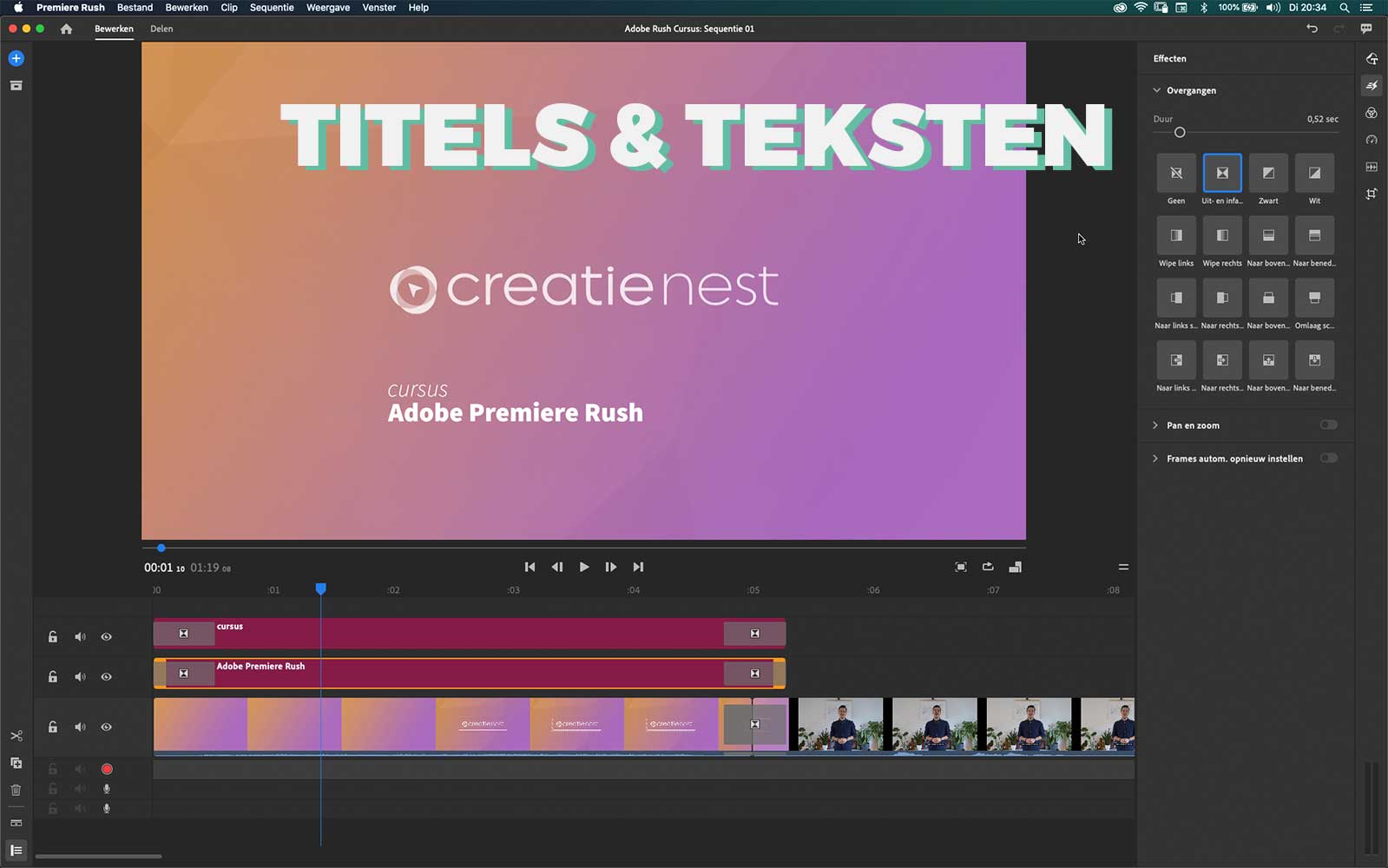 cursus Adobe Premiere Rush videobewerking titels en teksten